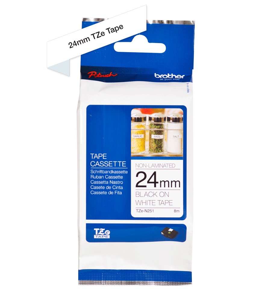 Origināla Brother TZe-N251 uzlīmju lentes kasete – melna drukas balta, 24mm plata 3